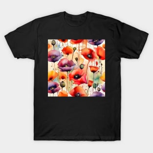 Summer Rain Poppies II Messy Colorful Watercolor T-Shirt